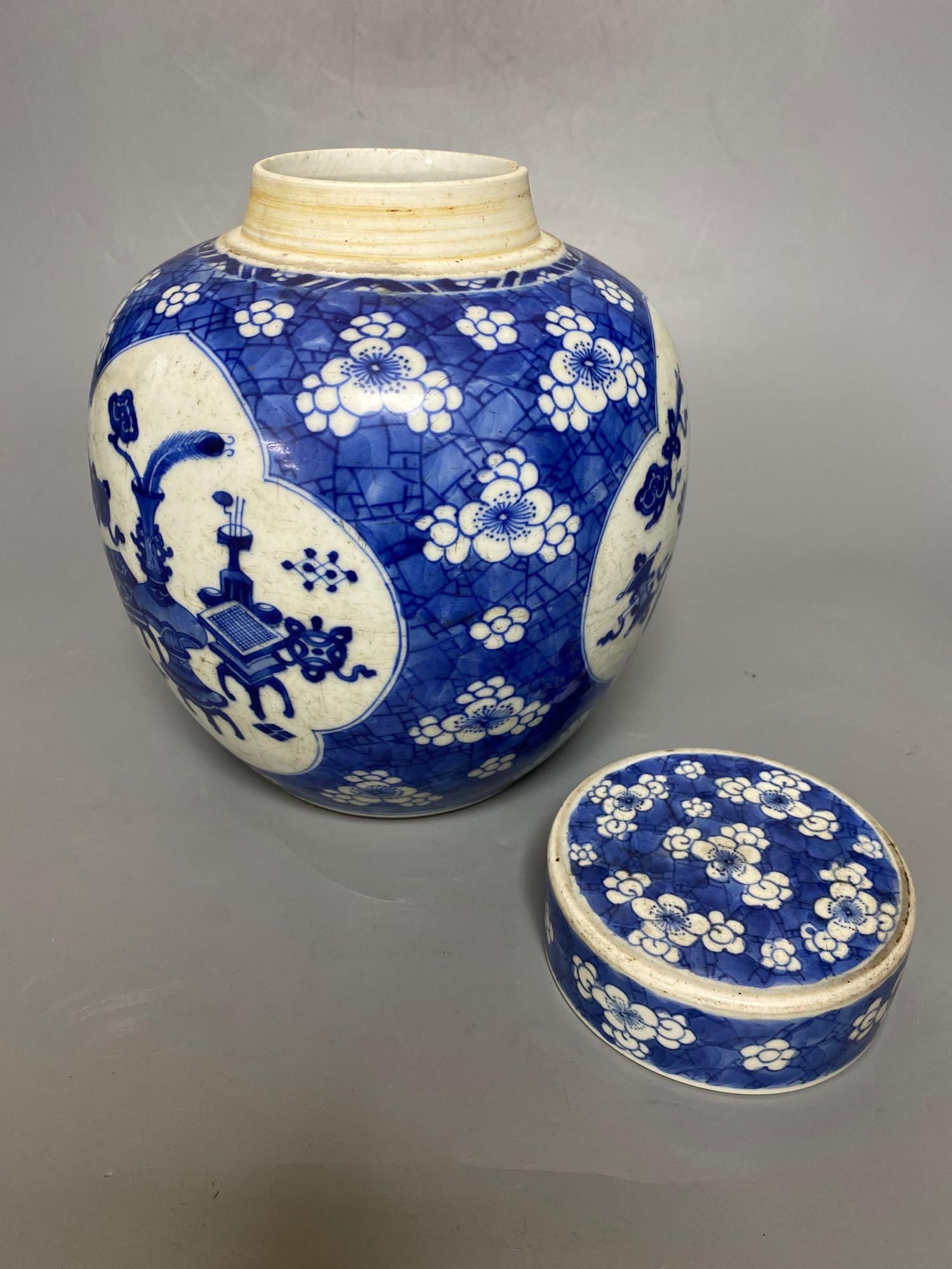 A Chinese blue and white ginger jar and cover, Kangxi period, 22.5cm and two blanc de chine dogs of fo